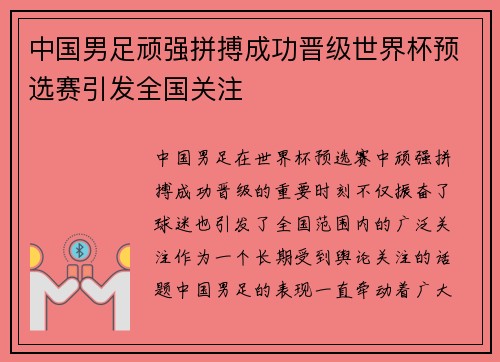 中国男足顽强拼搏成功晋级世界杯预选赛引发全国关注